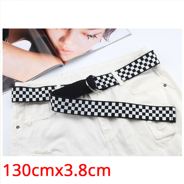 Fashion Punk Long Belts Style D Ring Jeans Men Black Blue Yellow Checkered Strap Belt Women Canvas Checkerboard Belt 234