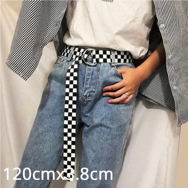 Fashion Punk Long Belts Style D Ring Jeans Men Black Blue Yellow Checkered Strap Belt Women Canvas Checkerboard Belt 234