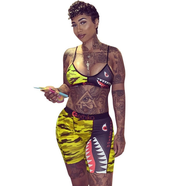 Contrast Letter Camouflage Cartoon Vest Sports Women Two-Piece Suit Lace Up O Neck Crop Top+Empire Shorts 2020 Summer Casual Set