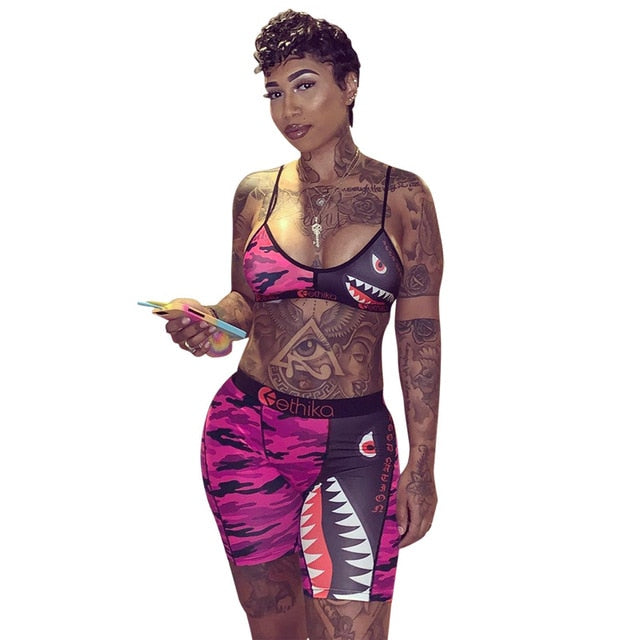 Contrast Letter Camouflage Cartoon Vest Sports Women Two-Piece Suit Lace Up O Neck Crop Top+Empire Shorts 2020 Summer Casual Set