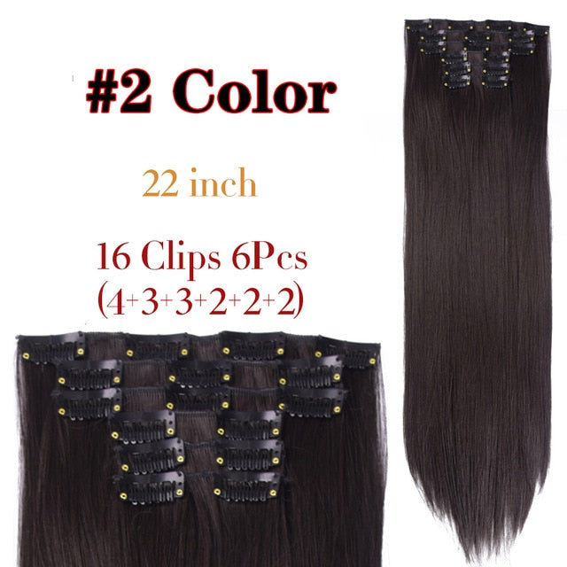 Leeons 16 colors 16 clips Long Straight Synthetic Hair Extensions Clips in High Temperature Fiber Black Brown Hairpiece