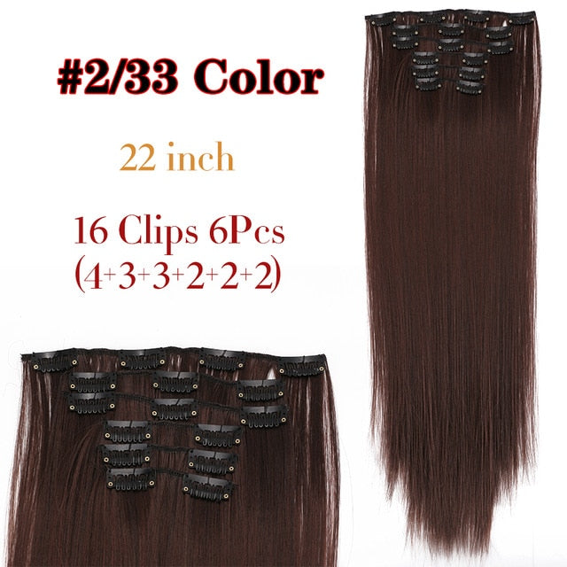 Leeons 16 colors 16 clips Long Straight Synthetic Hair Extensions Clips in High Temperature Fiber Black Brown Hairpiece