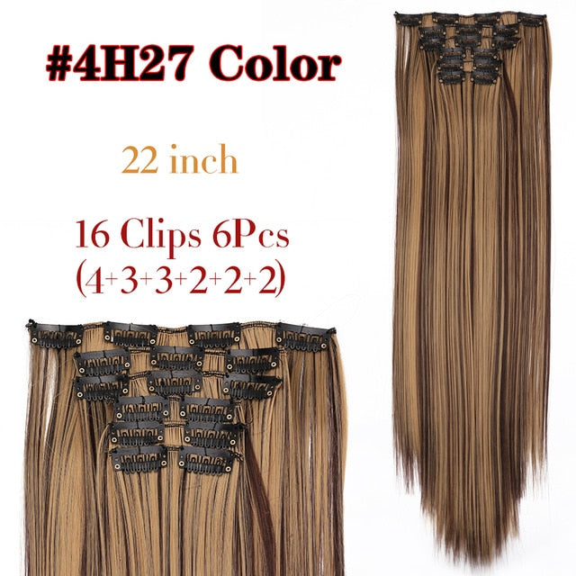 Leeons 16 colors 16 clips Long Straight Synthetic Hair Extensions Clips in High Temperature Fiber Black Brown Hairpiece