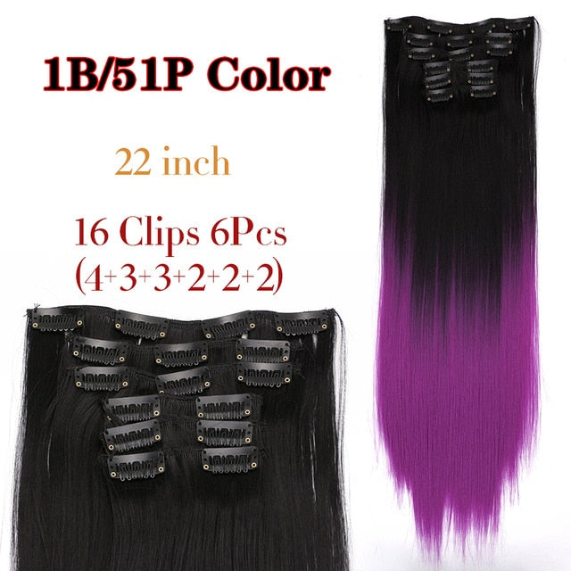 Leeons 16 colors 16 clips Long Straight Synthetic Hair Extensions Clips in High Temperature Fiber Black Brown Hairpiece