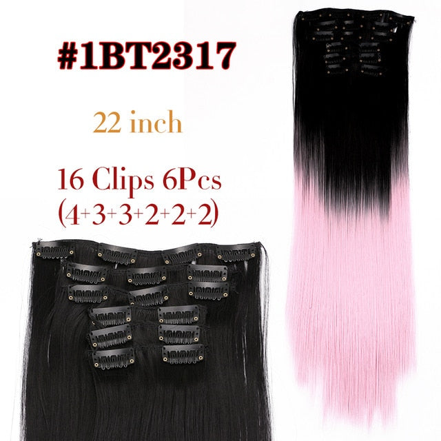 Leeons 16 colors 16 clips Long Straight Synthetic Hair Extensions Clips in High Temperature Fiber Black Brown Hairpiece