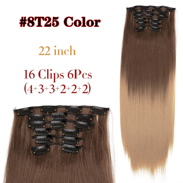 Leeons 16 colors 16 clips Long Straight Synthetic Hair Extensions Clips in High Temperature Fiber Black Brown Hairpiece