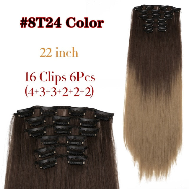 Leeons 16 colors 16 clips Long Straight Synthetic Hair Extensions Clips in High Temperature Fiber Black Brown Hairpiece