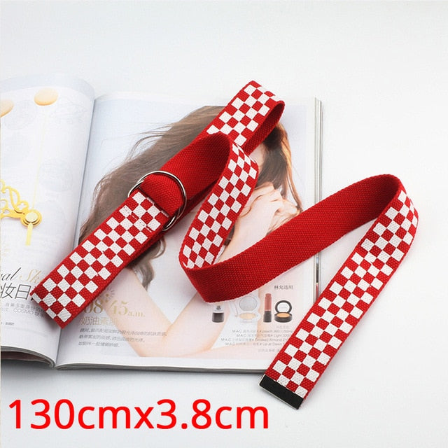 Women Double D Ring Buckle Checkerboard Belts Female Black Blue Jeans Canvas Waist Belts Fashion Plaid Checkered Long Strap 151
