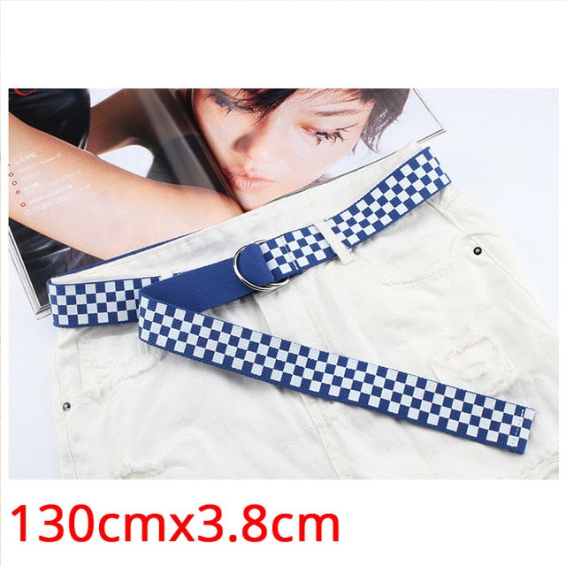 Women Double D Ring Buckle Checkerboard Belts Female Black Blue Jeans Canvas Waist Belts Fashion Plaid Checkered Long Strap 151
