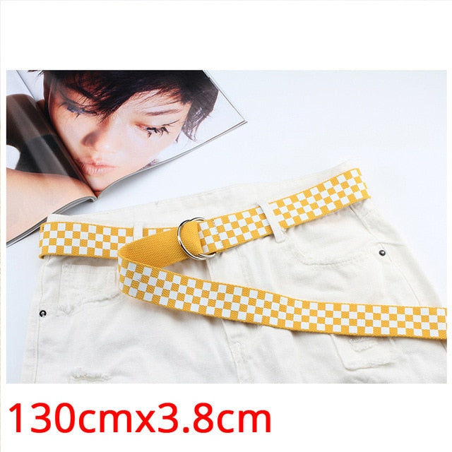 Women Double D Ring Buckle Checkerboard Belts Female Black Blue Jeans Canvas Waist Belts Fashion Plaid Checkered Long Strap 151