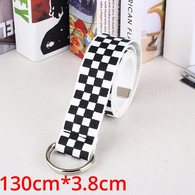 Women Double D Ring Buckle Checkerboard Belts Female Black Blue Jeans Canvas Waist Belts Fashion Plaid Checkered Long Strap 151