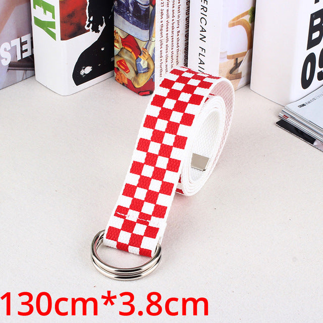Women Double D Ring Buckle Checkerboard Belts Female Black Blue Jeans Canvas Waist Belts Fashion Plaid Checkered Long Strap 151