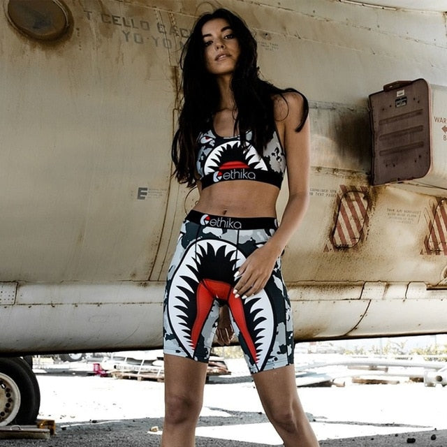 Contrast Letter Camouflage Cartoon Vest Sports Women Two-Piece Suit Lace Up O Neck Crop Top+Empire Shorts 2020 Summer Casual Set