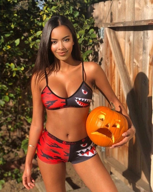 Contrast Letter Camouflage Cartoon Vest Sports Women Two-Piece Suit Lace Up O Neck Crop Top+Empire Shorts 2020 Summer Casual Set