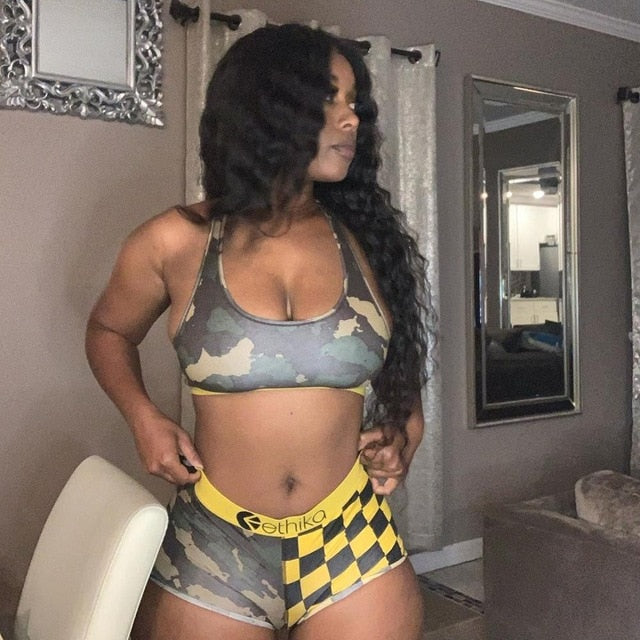 Contrast Letter Camouflage Cartoon Vest Sports Women Two-Piece Suit Lace Up O Neck Crop Top+Empire Shorts 2020 Summer Casual Set