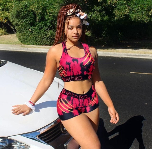 Contrast Letter Camouflage Cartoon Vest Sports Women Two-Piece Suit Lace Up O Neck Crop Top+Empire Shorts 2020 Summer Casual Set