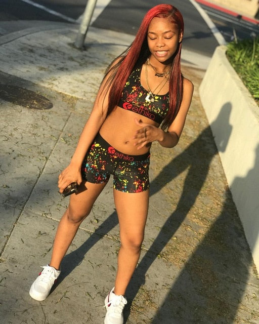 Contrast Letter Camouflage Cartoon Vest Sports Women Two-Piece Suit Lace Up O Neck Crop Top+Empire Shorts 2020 Summer Casual Set