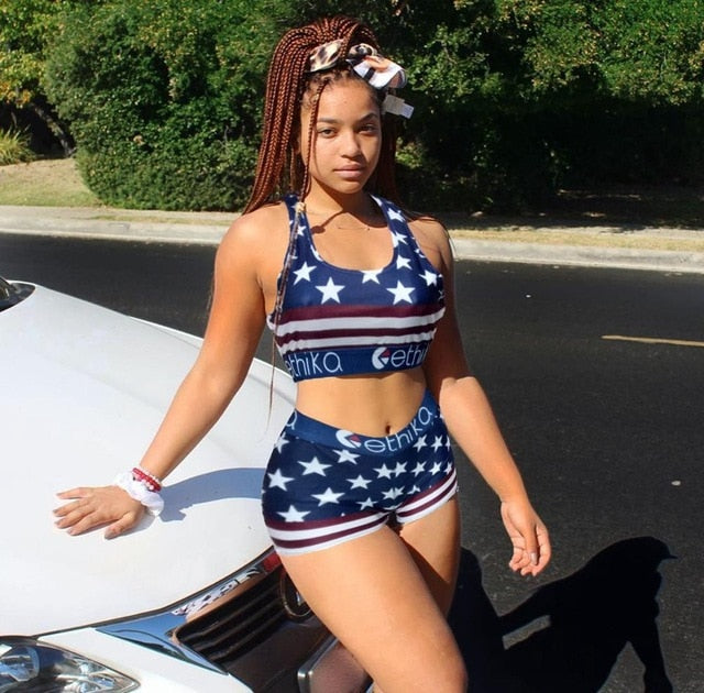 Contrast Letter Camouflage Cartoon Vest Sports Women Two-Piece Suit Lace Up O Neck Crop Top+Empire Shorts 2020 Summer Casual Set