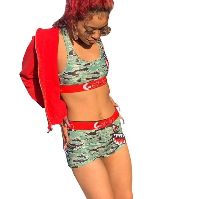 Contrast Letter Camouflage Cartoon Vest Sports Women Two-Piece Suit Lace Up O Neck Crop Top+Empire Shorts 2020 Summer Casual Set