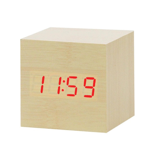 LED Wooden Digital Alarm Clock Voice Control Temperature Display Backlight Electronic USB/AAA Powered Clock Table For Home Decor