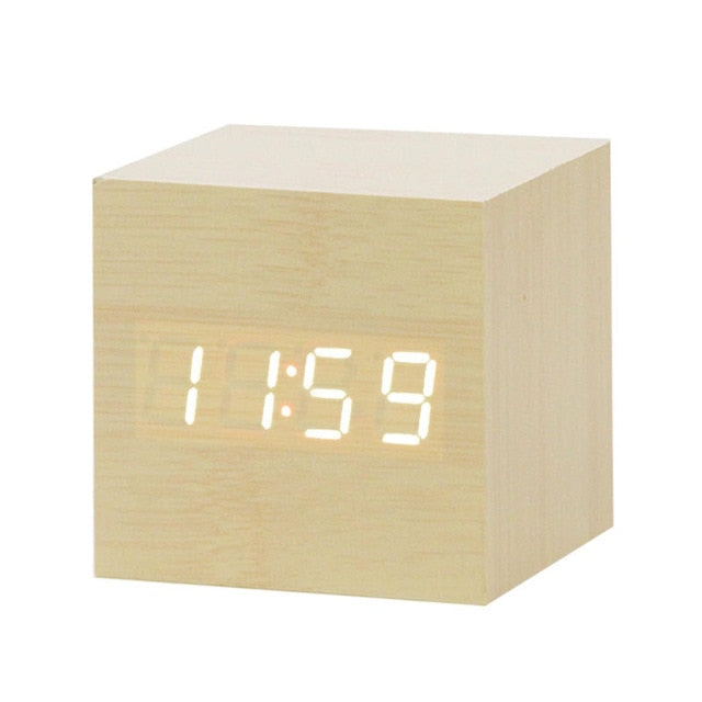 LED Wooden Digital Alarm Clock Voice Control Temperature Display Backlight Electronic USB/AAA Powered Clock Table For Home Decor