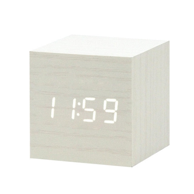 LED Wooden Digital Alarm Clock Voice Control Temperature Display Backlight Electronic USB/AAA Powered Clock Table For Home Decor