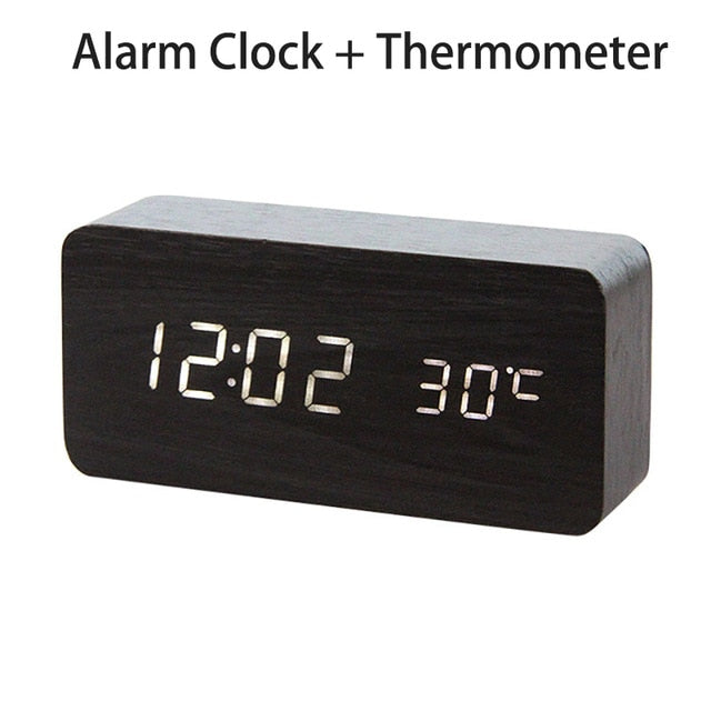 LED Wooden Digital Alarm Clock Voice Control Temperature Display Backlight Electronic USB/AAA Powered Clock Table For Home Decor