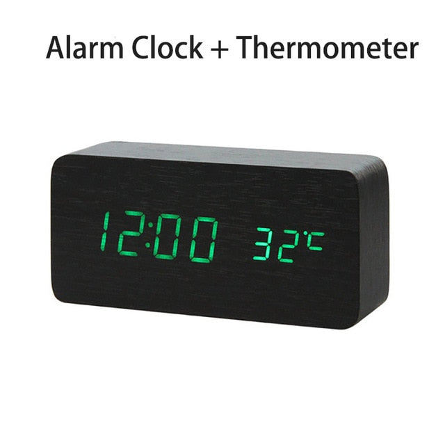 LED Wooden Digital Alarm Clock Voice Control Temperature Display Backlight Electronic USB/AAA Powered Clock Table For Home Decor