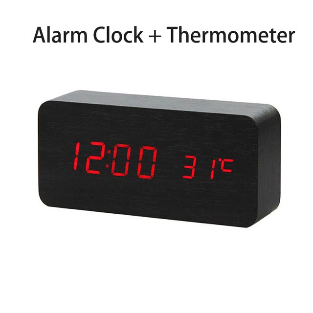 LED Wooden Digital Alarm Clock Voice Control Temperature Display Backlight Electronic USB/AAA Powered Clock Table For Home Decor