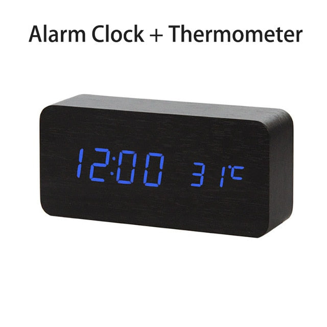 LED Wooden Digital Alarm Clock Voice Control Temperature Display Backlight Electronic USB/AAA Powered Clock Table For Home Decor