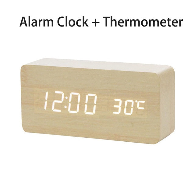 LED Wooden Digital Alarm Clock Voice Control Temperature Display Backlight Electronic USB/AAA Powered Clock Table For Home Decor
