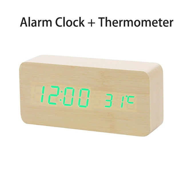 LED Wooden Digital Alarm Clock Voice Control Temperature Display Backlight Electronic USB/AAA Powered Clock Table For Home Decor
