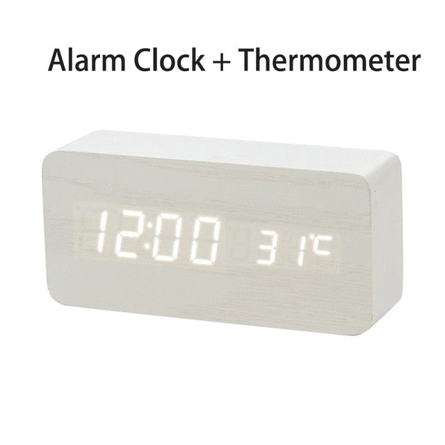 LED Wooden Digital Alarm Clock Voice Control Temperature Display Backlight Electronic USB/AAA Powered Clock Table For Home Decor
