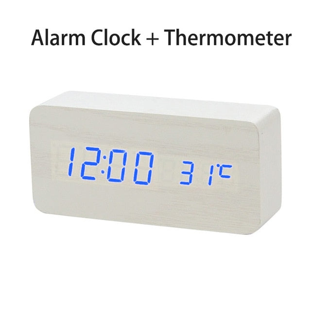 LED Wooden Digital Alarm Clock Voice Control Temperature Display Backlight Electronic USB/AAA Powered Clock Table For Home Decor