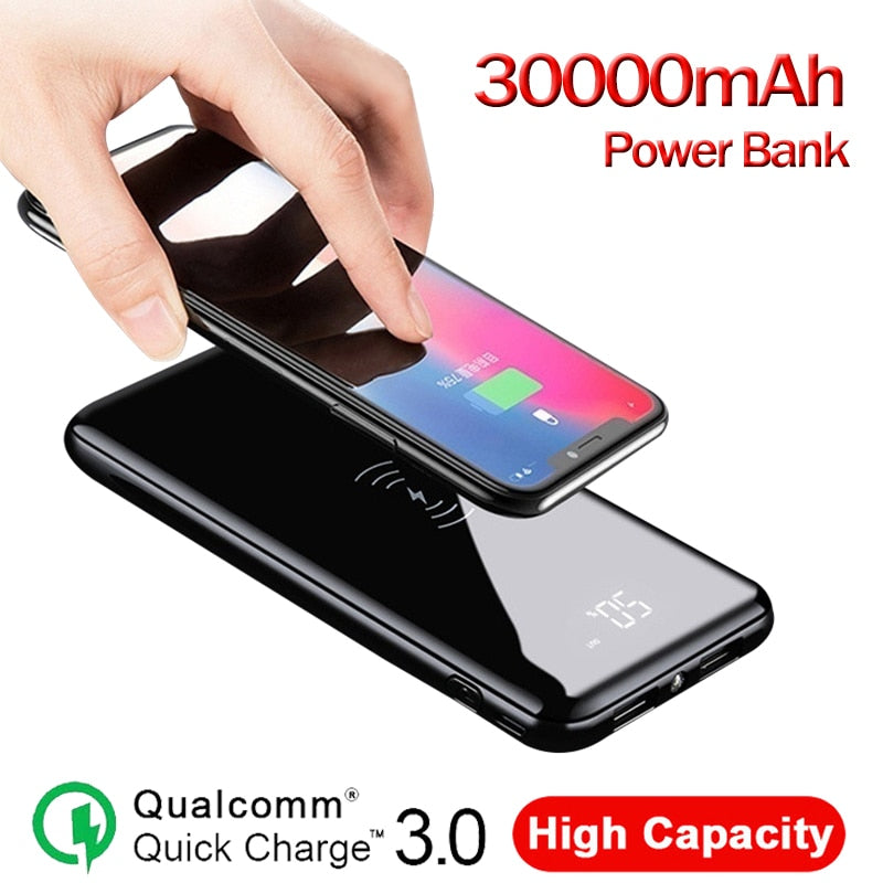 Power Bank 30000mAh Ultra-thin Portable QI Wireless Charger Large Capacity External Battery Charger Digital Display Mobile Power