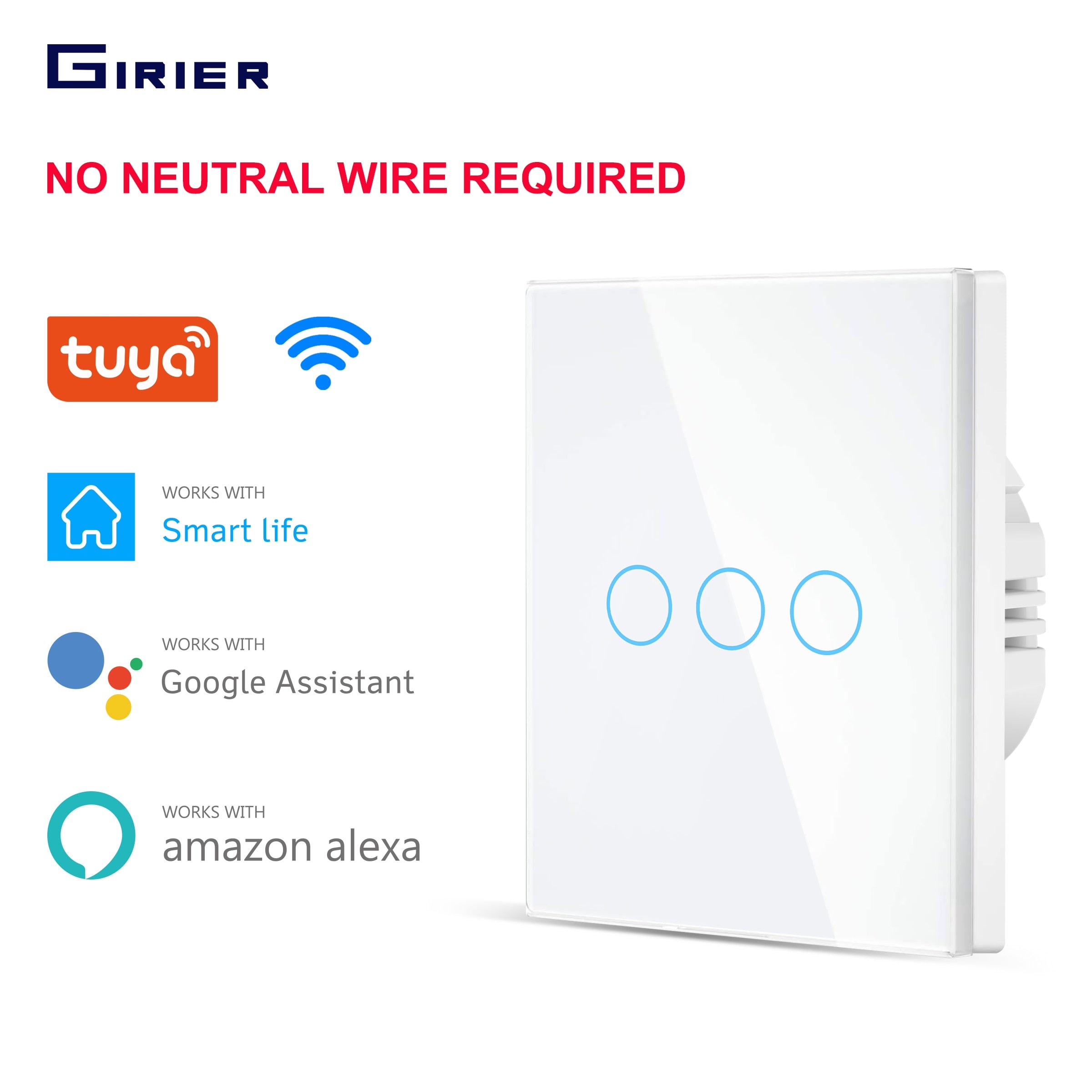 Wifi Wall Touch Switch EU No Neutral Wire Required Smart Light Switch 1 2 3 Gang 220V Tuya Smart Home Support Alexa Google Home